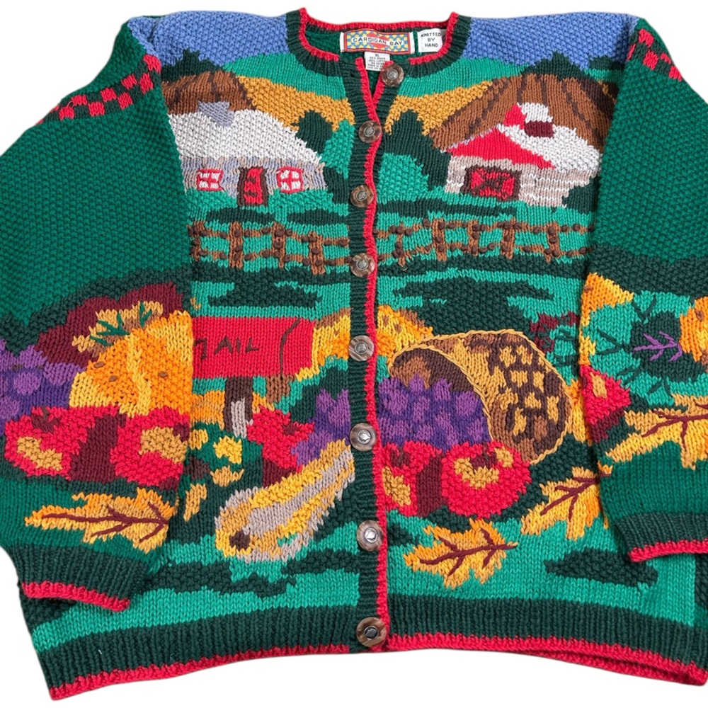 Cardigan Bay VTG 90s‎ Chunky HandKnit Farm Harvest Scene Cardigan XL Americana